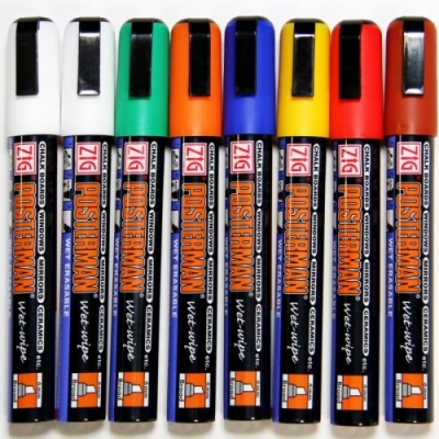 Posterman Pack of 8 Assorted Colour Wet-Wipe Chalk Pens - 6mm Nib