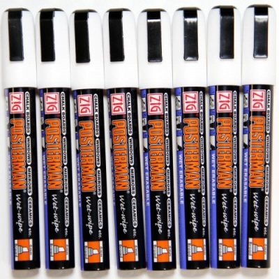 6mm Zig Posterman White Chalk Pens - Wet Wipe x 8 Pens