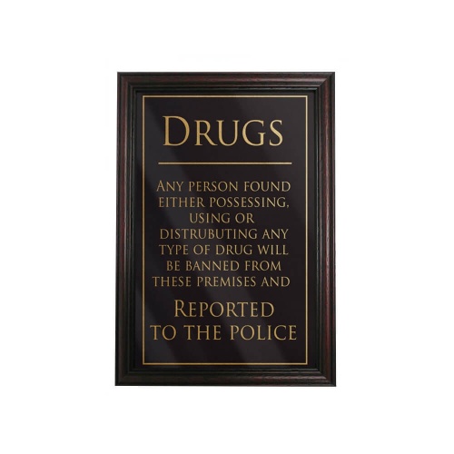 Drug Notice Sign Mahogany Frame