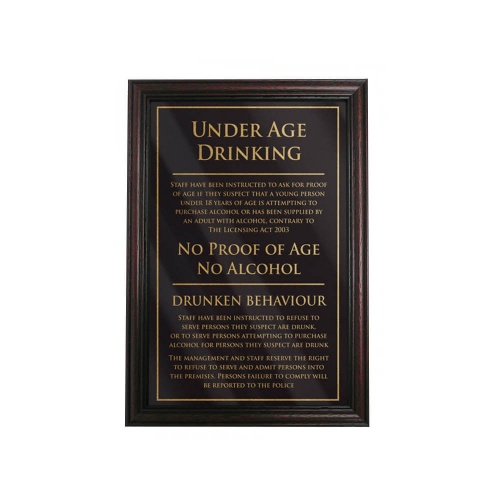 Under Age Drinking Licensing Act Sign Mahogany Frame