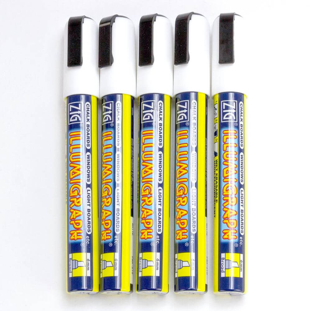 6mm Zig Illumigraph White Chalk Pens - Wet Wipe x 5 Pens