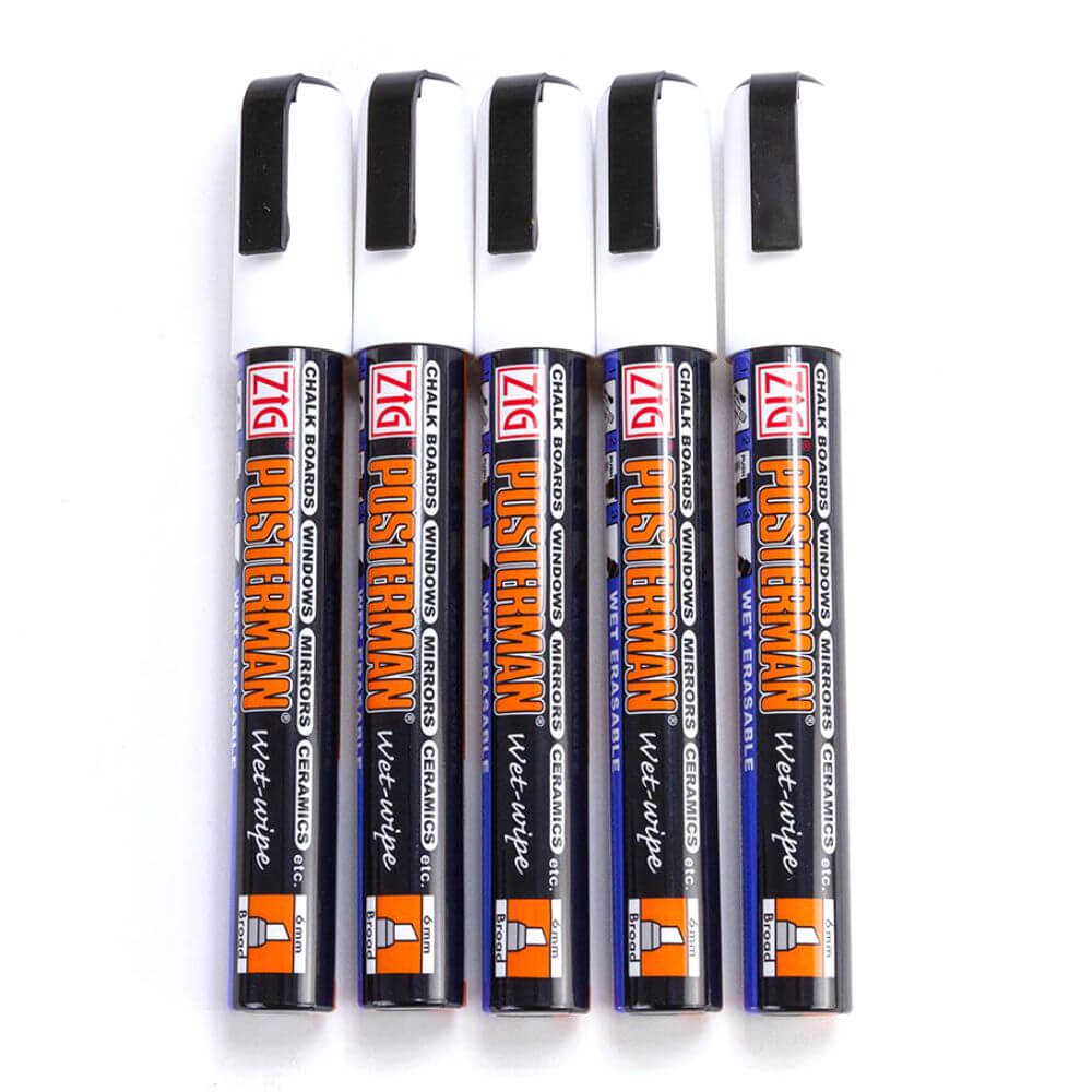 Posterman Pack of 5 White Wet-Wipe Chalk Pens - 6mm Nib
