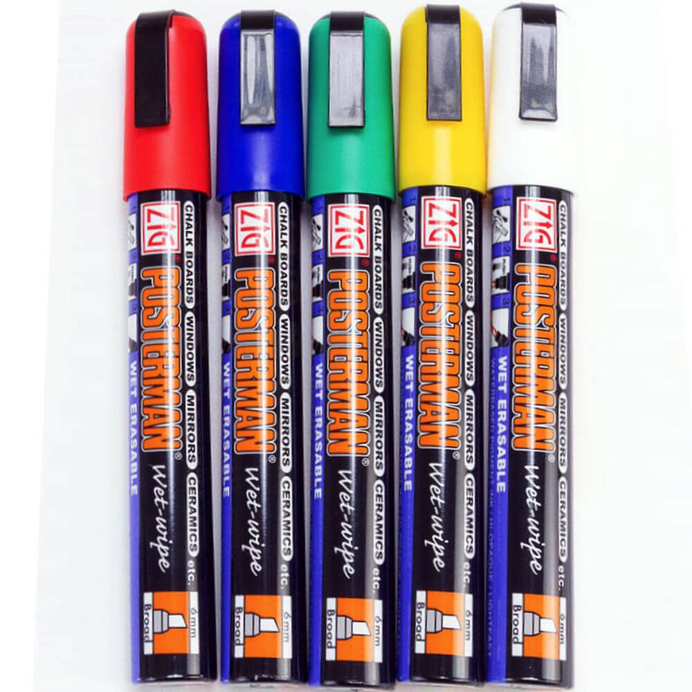 Posterman Pack of 5 Assorted Colour Wet-Wipe Chalk Pens - 6mm Nib
