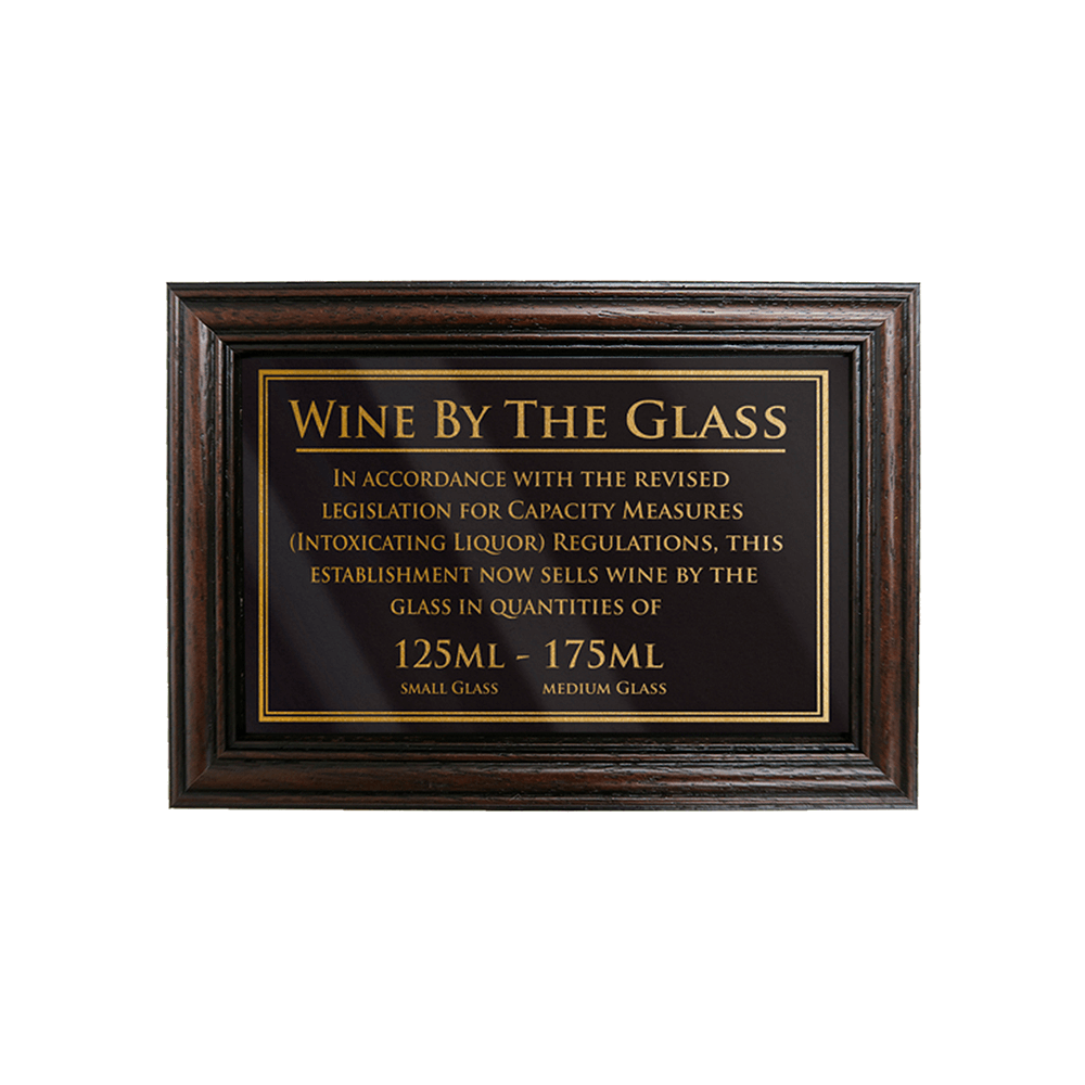 Mahogany Framed Bar Sign Wine by the Glass 125ml, 175ml