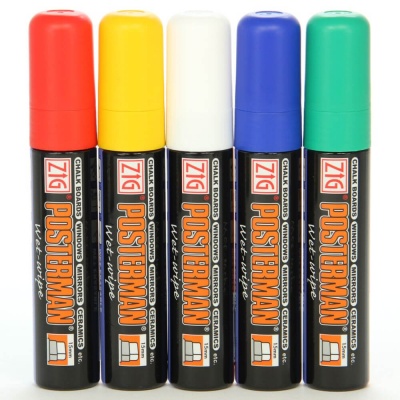 Posterman Pack of 5 Assorted Colour Wet-Wipe Chalk Pens - 15mm Nib